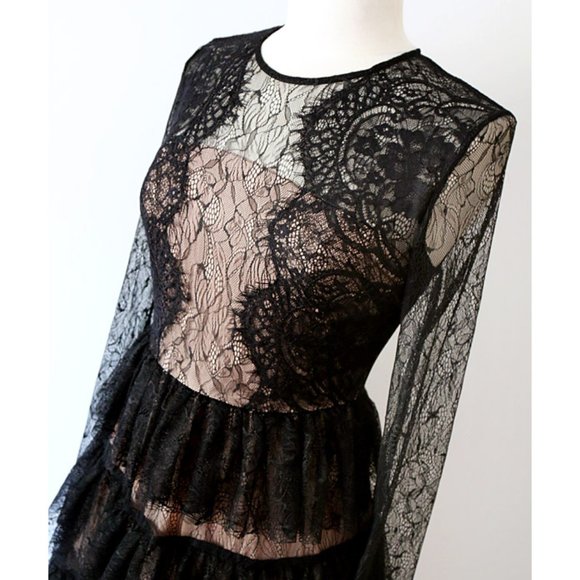 Black Lace Overlay Tiered Ruffle Romantic Dress - Picture 2 of 8